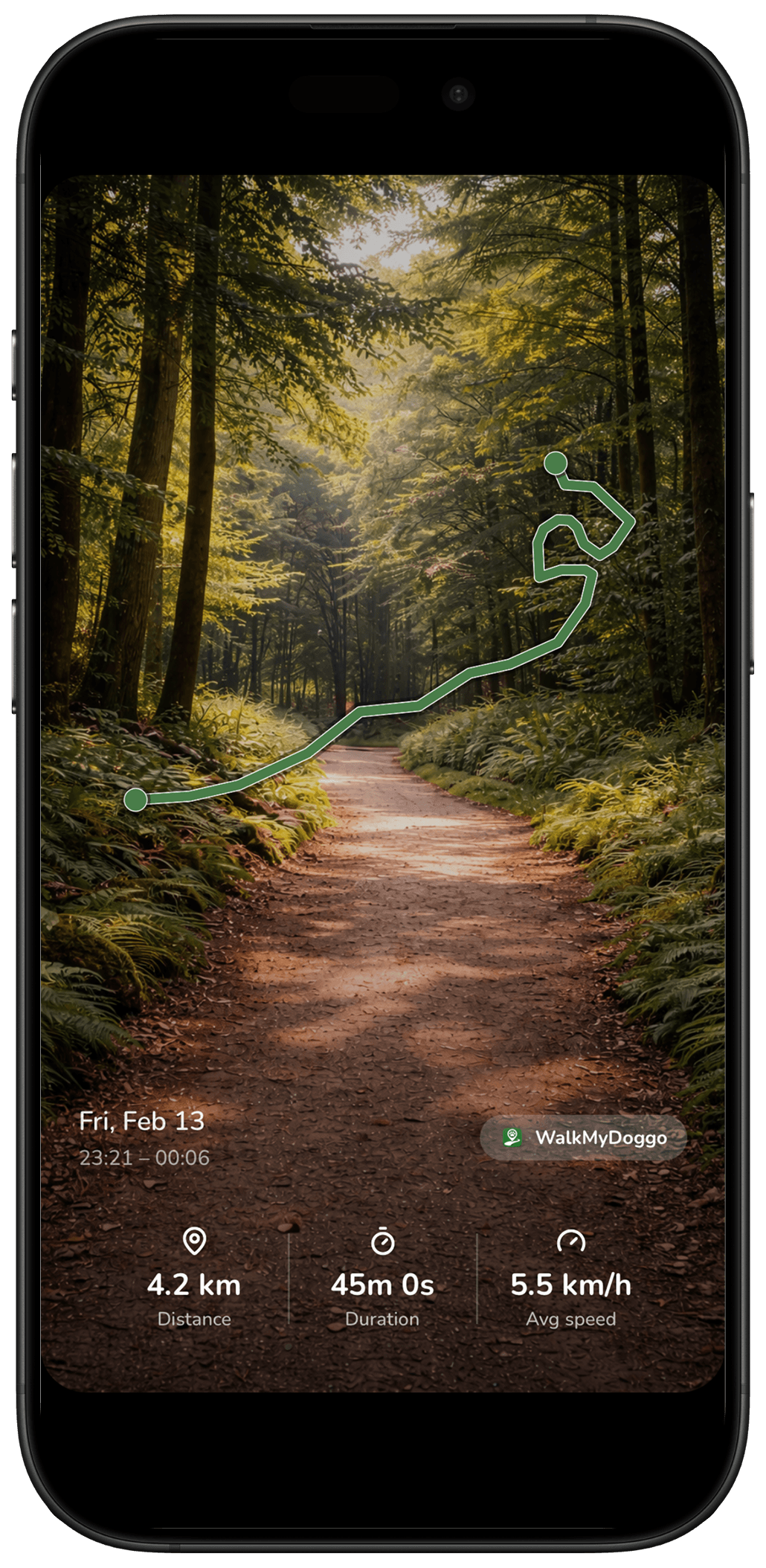 Walk share card with route on forest background